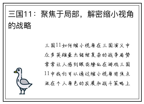 三国11：聚焦于局部，解密缩小视角的战略