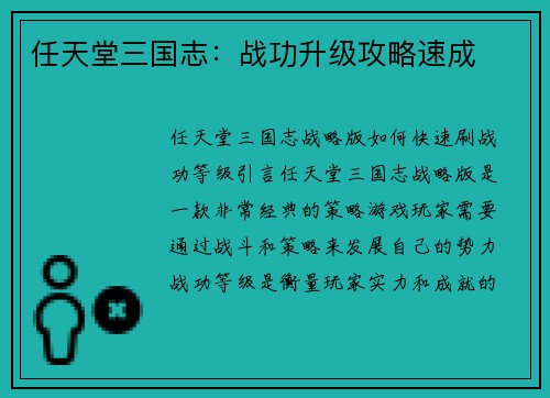 任天堂三国志：战功升级攻略速成